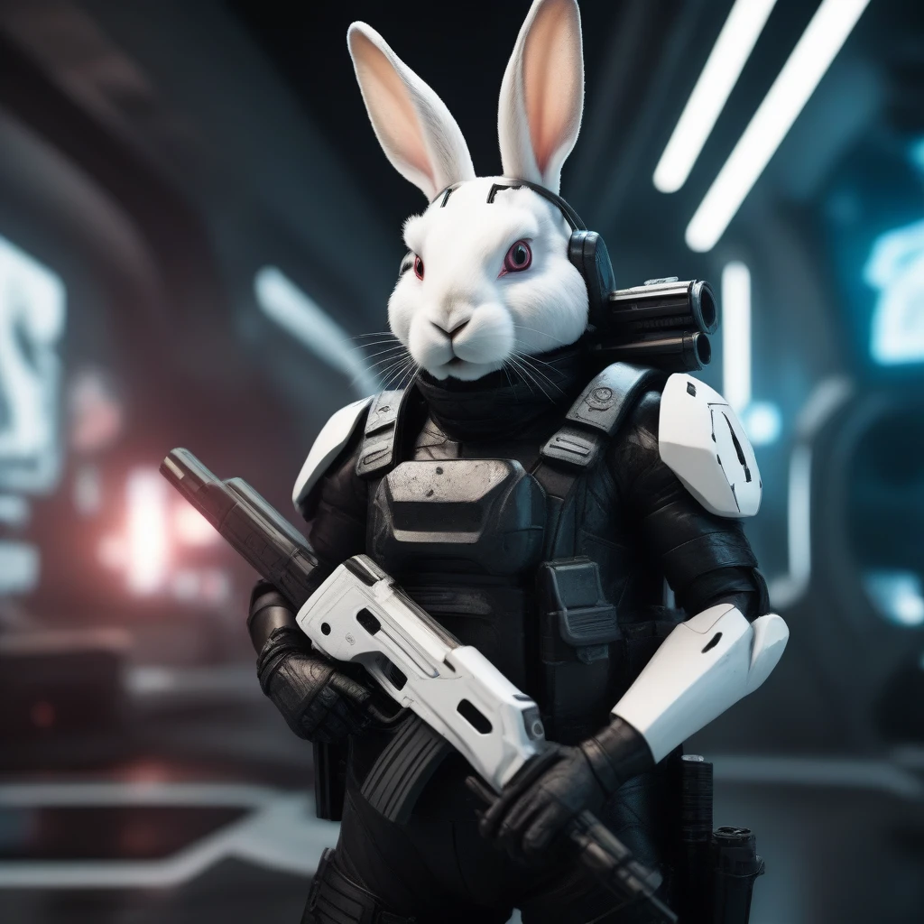 mini antoropomorphic black and white rabbit warrior from the future holding a blaster, close up with futuristic background