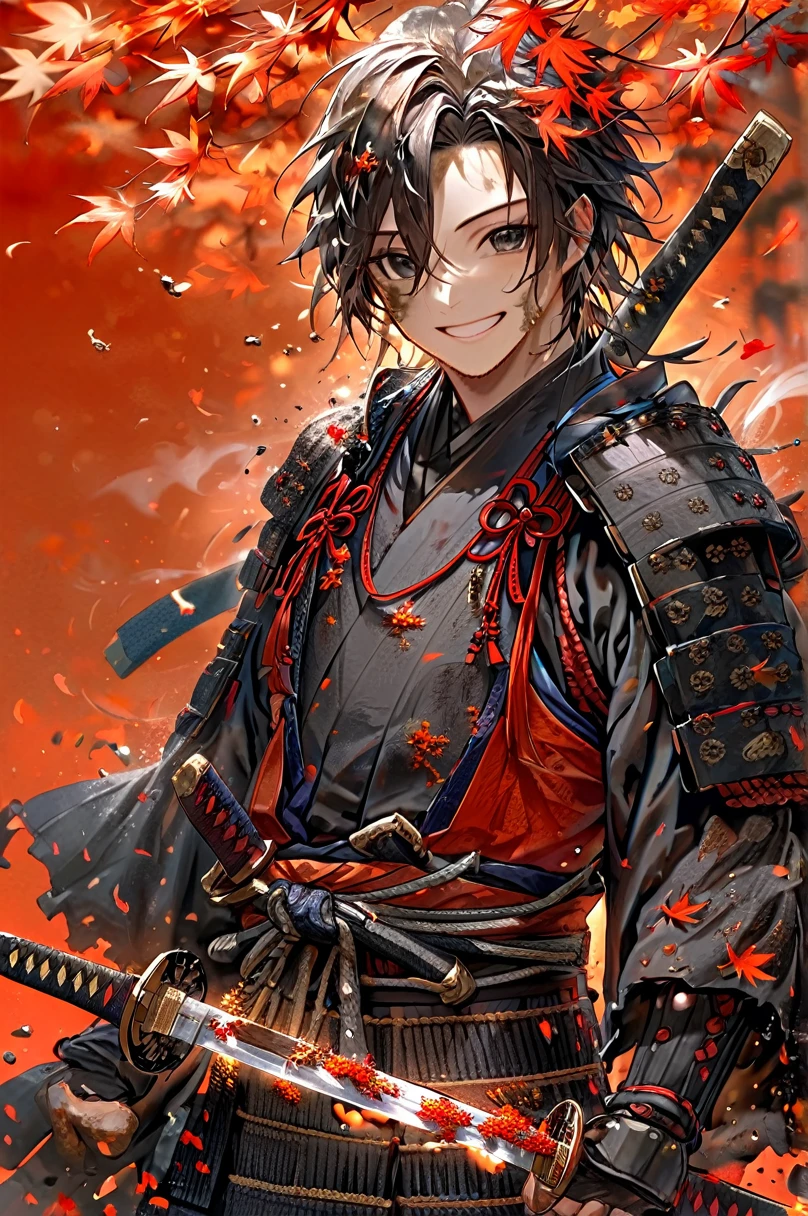 Samurai, Dirty, Long Hakama, Boy, Two sword, black eyes, black samurai hair, ragged body, Torn clothes, Smile, Maple leaf background.