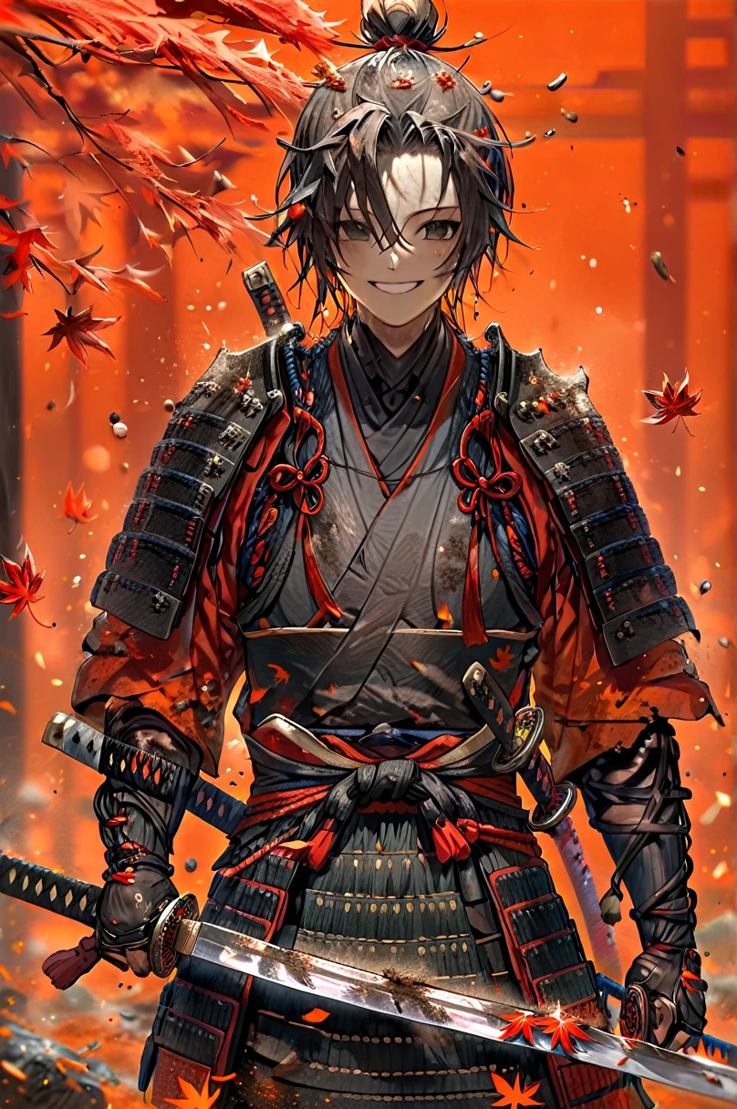 Samurai, Dirty, Long Hakama, Boy, Two sword, black eyes, black samurai hair, ragged body, Torn clothes, Smile, Maple leaf background.