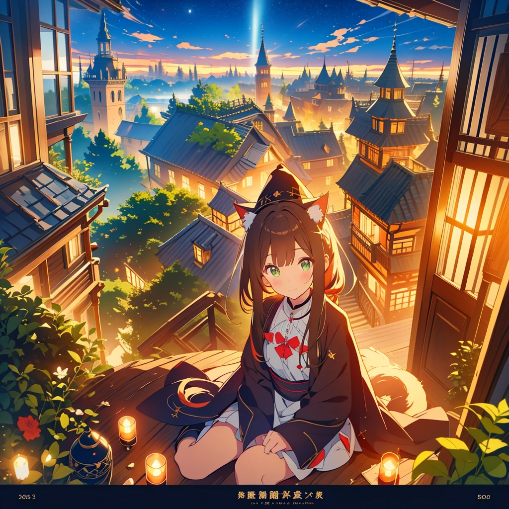 kawaii, anime, Cute, hyper quality, highly detailed, 8k, Front facing, Clarity, brown long hair, green eyes, smile, whole body, Cat ear, amaryllis, Amaryllis grows in clumps, top of the hill, witch hat, Cat ears stick out from the witch's hat, witch's robe, fantasy, fog effect, particles of light, night, hill overlooking the town, bird's eye view, flower blooming hill, colorful amaryllis, Cityscape lit with lights, starry sky, clock tower, a cat at my feet, You can see the cityscape in the distance,