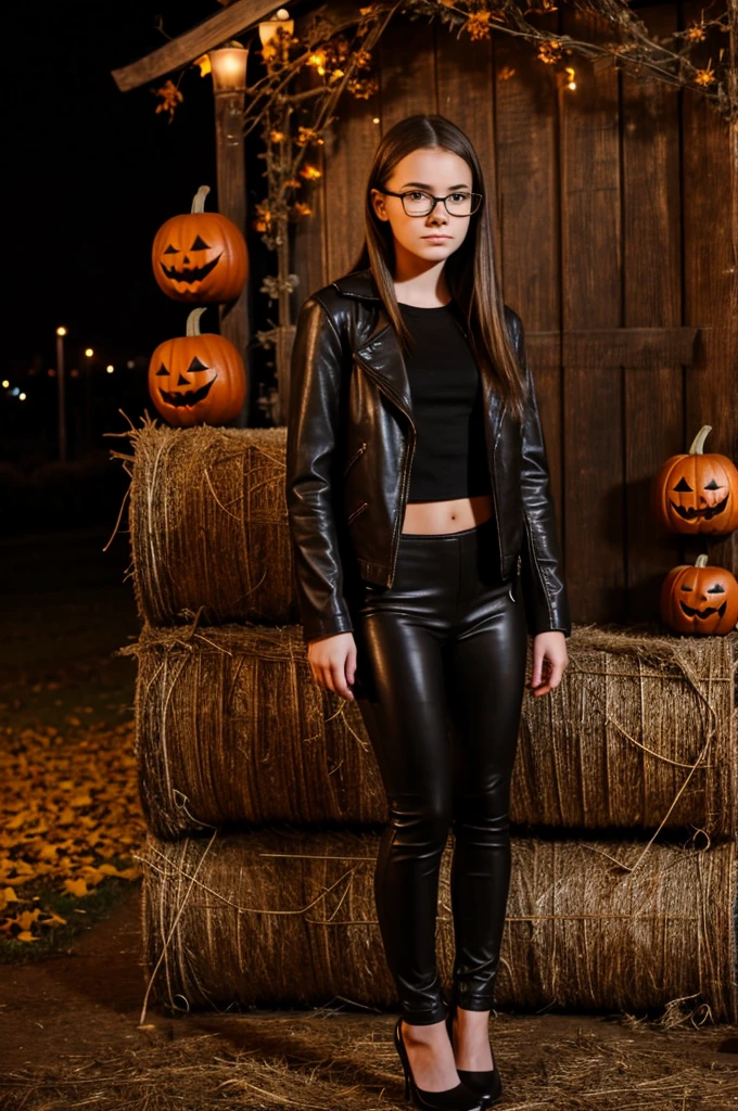 teenager girl, pale, wearing glasses brown shoulder length brown straight hair, black leather jacket, black leather leggings, black heels, halloween night setting on a hay bell