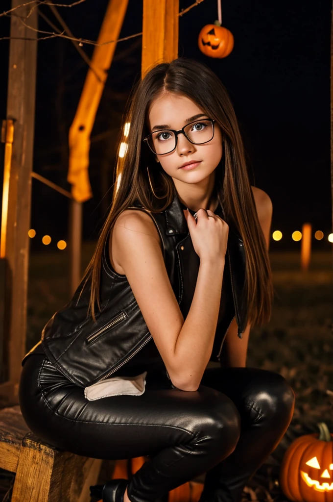 teenager girl, pale, wearing glasses brown shoulder length brown straight hair, black leather jacket, black leather leggings, black heels, halloween night setting on a hay bell