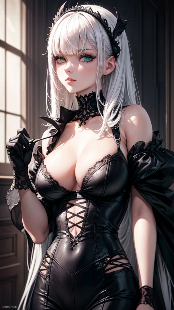 girl with white hair,with bangs, black gloves,  green eyes,gothic,4K, masterpiece, perfect body, stem,perfect eyes, perfect shading, perfect lighting, best quality, work of art, ultra detailed, detailed clothing