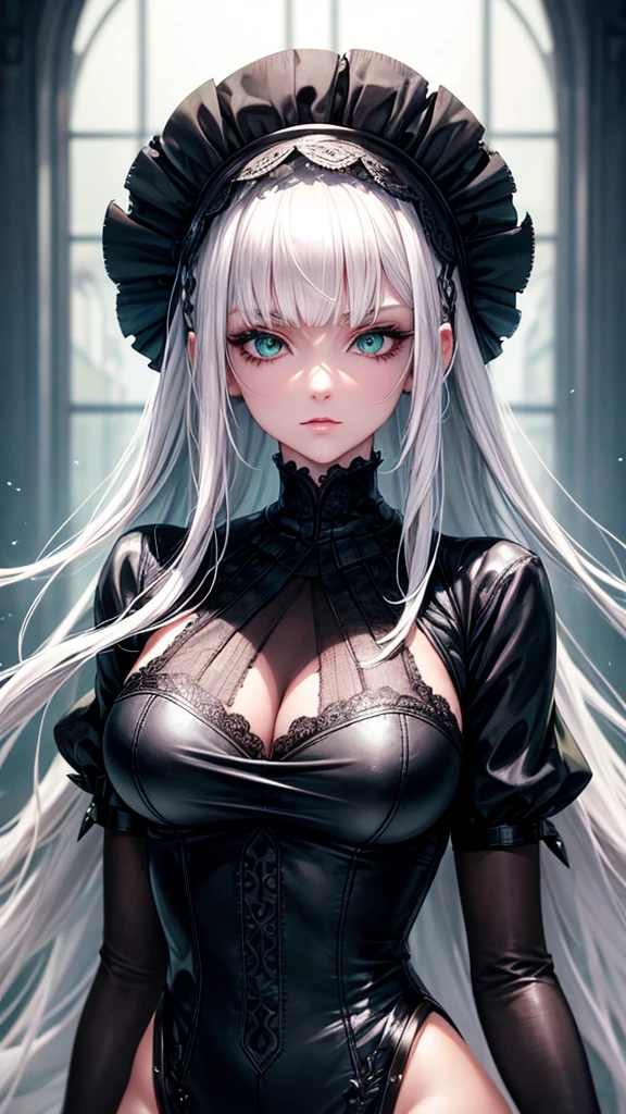 girl with white hair,with bangs, black gloves,  green eyes,gothic,4K, masterpiece, perfect body, stem,perfect eyes, perfect shading, perfect lighting, best quality, work of art, ultra detailed, detailed clothing