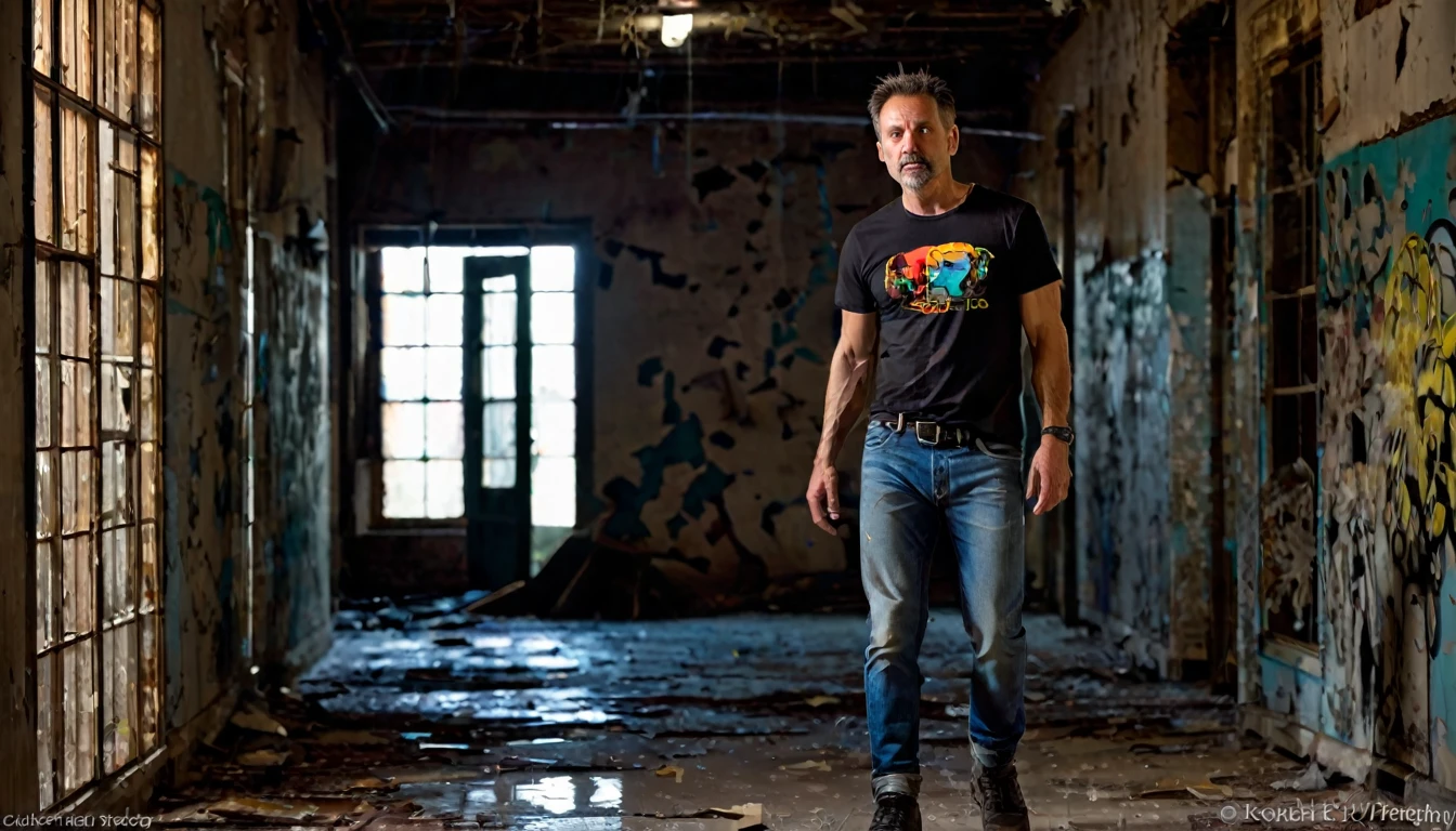 man, short brown hair, 40 years old, robust physique, worried face, walking down a hallway of an abandoned building, (at night), broken windows, unpainted walls, dirty floor, poor lighting, walking in the dark, looking at the camera , flashlight in her hand, dressed in black t-shirt and jeans, apocalyptic image, (vibrant colors) ethereal, photo realistic detailed image, sharp focus, studio photography, xf iq 4, 1 5 0 0 0 0 mp, 5 0 mm , iso 2 0 0 , 1/1 6 0 s, realistic, natural light, octane rendering, adobe lightroom, thirds resolution, symmetric balance, depth layers, polarizing filter, ..., hd, color optics, . .., hd, opaque color, masterpiece