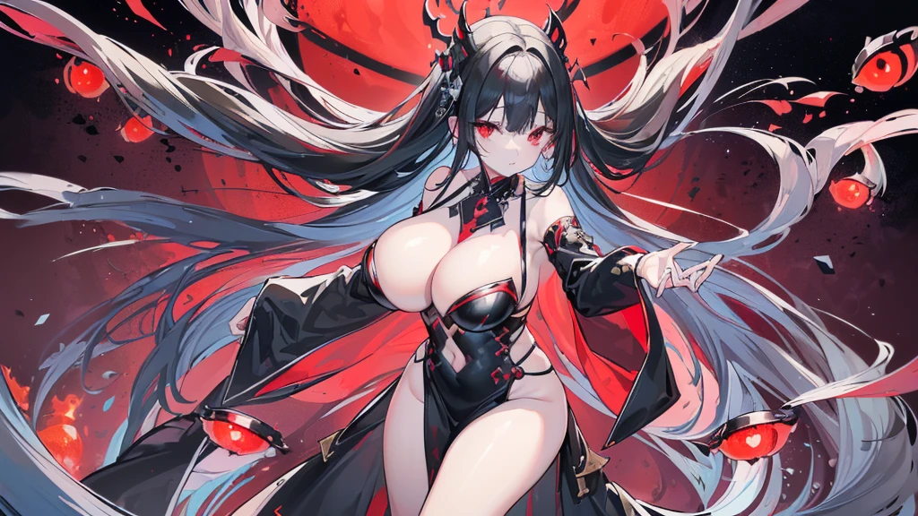 (Exquisite eyes),(Clear and beautiful eyes:1.61),masterpiece, 1 young girl,(Black clothes and some red gems), Black long hair, (She has a huge red gem on her chest), Good Hand,((The Havoc of StarCraft)),full-body shot,Fighting Stance,(Red Eyes:1.466)，short and small,(Very big breasts:1.35),(Pretty Face),(full-body shot:1.33),Beautiful hands
