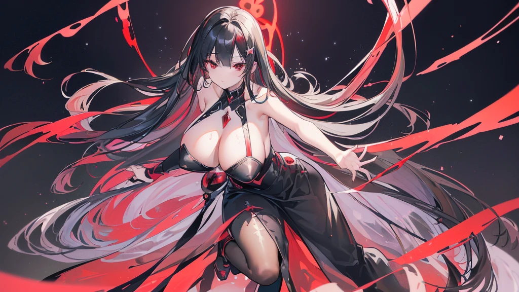 (Exquisite eyes),(Clear and beautiful eyes:1.61),masterpiece, ung girl,(Black clothes and some red gems), Black long hair, (She has a huge red gem on her chest), Good Hand,((The Havoc of StarCraft)),full-body shot,Fighting Stance,(Red Eyes:1.466),short and small,(Very big 5),(Pretty Face),(full-body shot:1.33),Beautiful hands