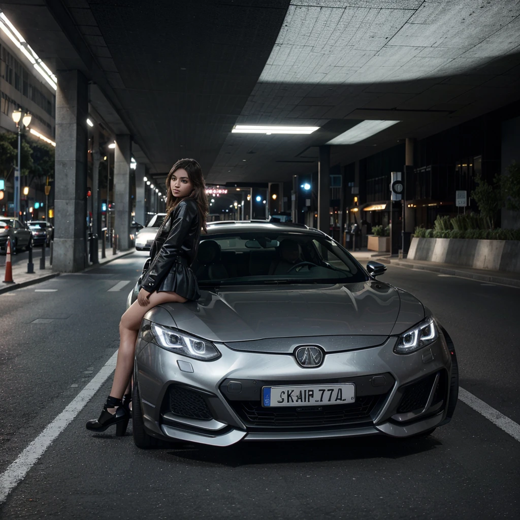 Génère l’image d’une fille élégante posant avec attitude à côté d’une voiture de sport dans un parking urbain éclairé la nuit, avec des gratte-ciel brillants en arrière-plan. Focuse la scène au centre de l’image, mettant en valeur le style et la sophistication de la fille et de la voiture.