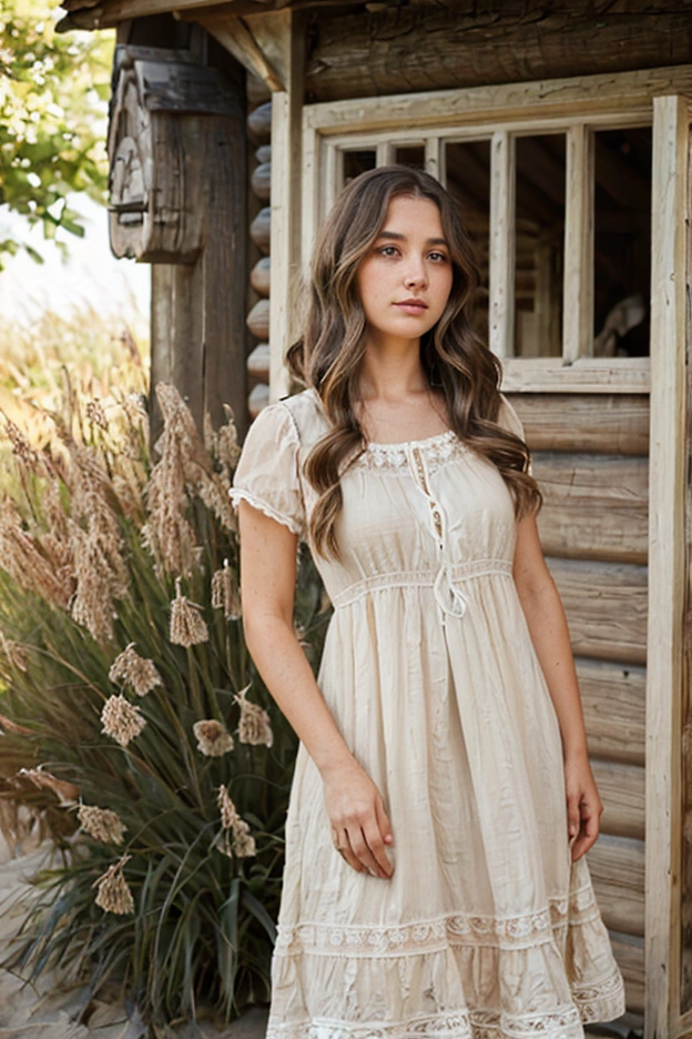 A beautiful woman with light delicately filtering through her hair, her summer dress is beautiful and she's standing in front of a cottage