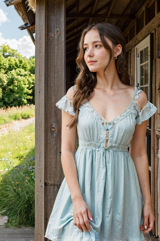 A beautiful woman with light delicately filtering through her hair, her summer dress is beautiful and she's standing in front of a cottage