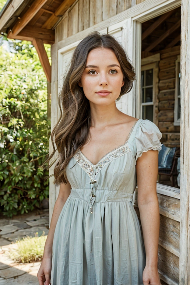 A beautiful woman with light delicately filtering through her hair, her summer dress is beautiful and she's standing in front of a cottage