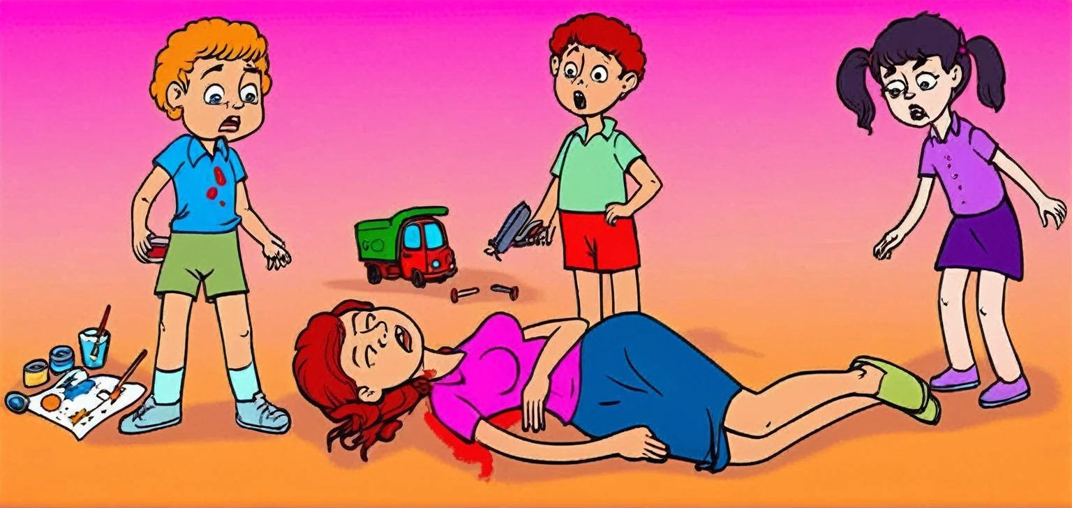 3 children scared with their teacher passed out in the middle of the room, in high quality full 4k Disney animation