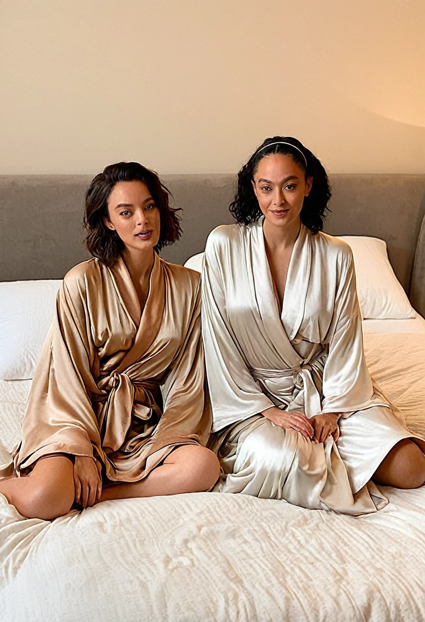 there are two women sitting on a bed in a room, covered in robes, floating robes, 🕹️ 😎 🔫 🤖 🚬, wearing simple robes, clad in robes, in the bedroom at a sleepover, dirty linen robes, while posing in the same bed, wearing a luxurious silk robe, wearing jedi robes and a sari, inspired by Riad Beyrouti