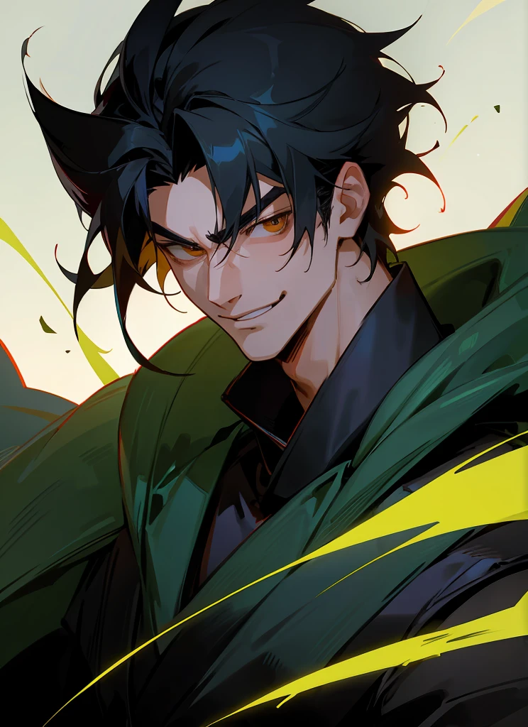 1 , handsome fashion hair,black hair highlightgreen, fanstasy, smile face, male ,fantasy, rogue, samurai dragger with blackshortsword, villian face, darkness wolrd, bad