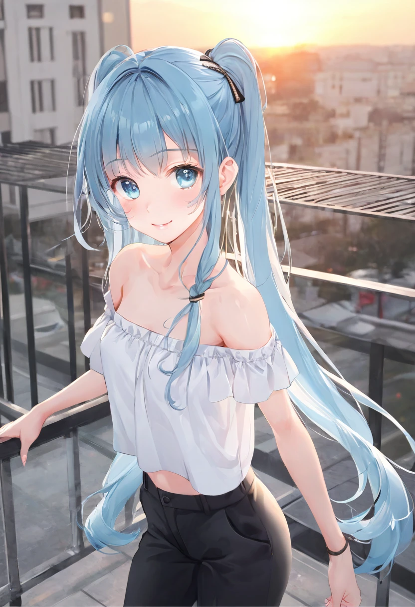masterpiece, best quality, extremely detailed, (illustration, official art:1.1), 1 girl ,(((( light blue long hair)))), ,(((( light blue long hair)))),light blue hair, , long hair ((blush)) , cute face, big eyes, masterpiece, best quality,(((((a very delicate and beautiful girl))))),Amazing,beautiful detailed eyes,blunt bangs((((little delicate girl)))),tareme(true beautiful:1.2), sense of depth,dynamic angle,,,, affectionate smile, (true beautiful:1.2),,(tiny 1girl model:1.2),)(flat chest) ,,happy smile, smile, Open your mouth,ponytail,Short braided hair,Medium chest, hair band,Cord off-shoulder top,Short sleeve,skinny pants,Stiletto heels,Sunset,evening,The sun is setting,Walking,whole bodyがイラストに入るように,Looking down from above,Holding a Chanel bag in her right hand, break outdoors,In town,Building district, break looking at viewer, whole body, break (masterpiece:1.2), highest quality, High resolution, unity 8k wallpaper, (shape:0.8), (Beautiful details:1.6), Highly detailed face, Perfect lighting, Extremely detailed CG, (Perfect hands, Perfect ???????),
