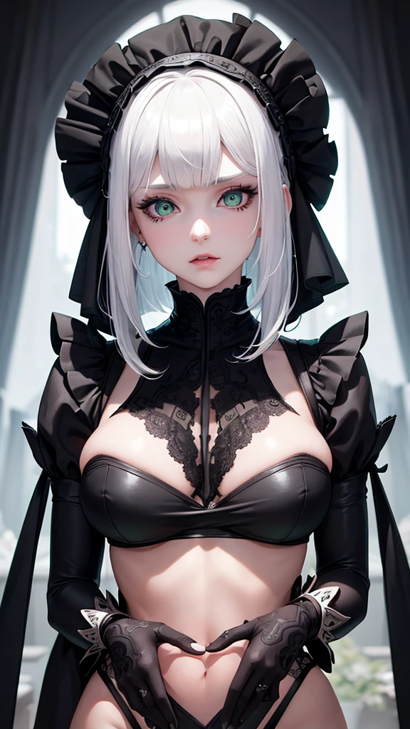 girl with white hair,with bangs, black gloves, green eyes,gothic,4K, masterpiece, perfect body, stem,perfect eyes, perfect shading, perfect lighting, best quality, work of art, ultra detailed, detailed clothing
