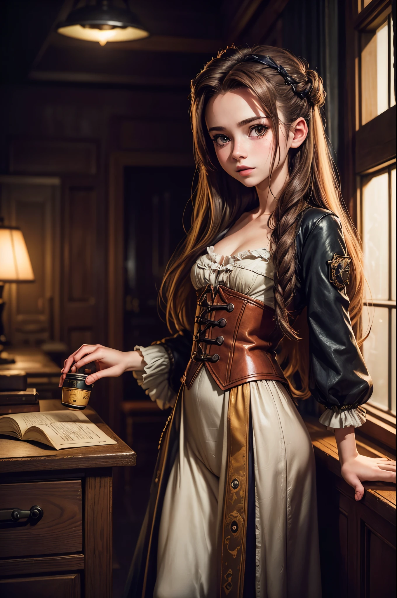 (photography of a 20 year old Aerith Gainsborough), (no close-up), highly detailed face, (smile:0.7) (background inside dark, moody, private study:1.3), steampunk pirate's airship, nikon d850, film stock photography, for kodak portra 400 ,camera f1.6 lens, bokeh, analog style, rich colors, hyper realistic, lifelike texture, dramatic lighting, cinestill 800, messy hair, serious, (freckles:0.4), pale skin, cute sexy