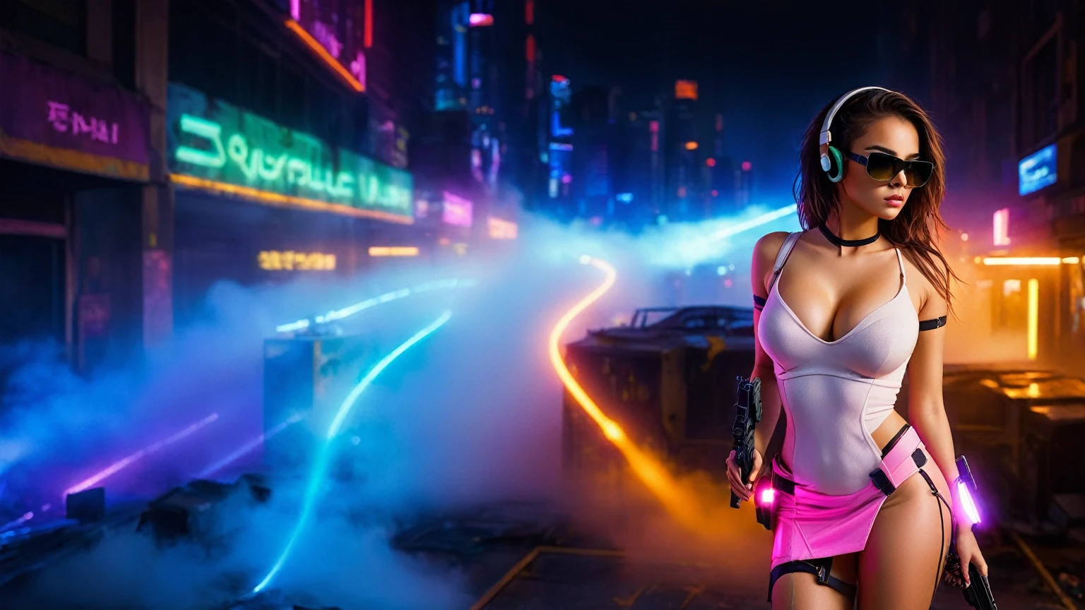dark futuristic landscape, at night, neon lights, Atmospheric fog, large buildings in the background, futuristic city, streets with open shops, skyscraper (postapocalyptic city:1.3). (((1girl, solo, alone))), large-breast:1.2 slim body, cleavage:1.1, sexy miniskirt, (((headphone, black sunglasses, standing and holding pistol pose))), (((half-body thigh level medium shot))), cinematic lighting, lens flare, ray tracing.