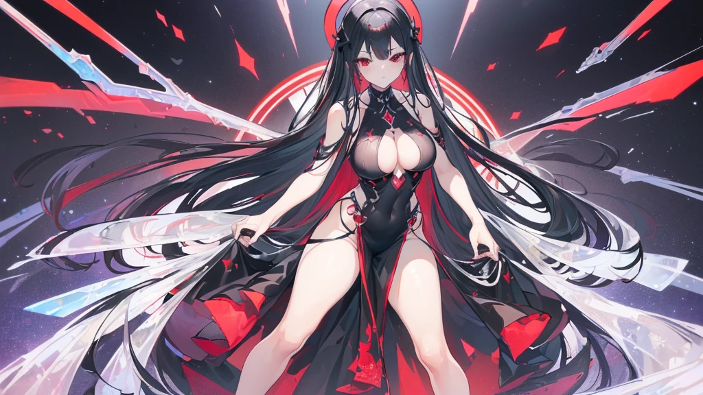 (Exquisite eyes),(Clear and beautiful eyes:1.61),masterpiece, 1 young girl,(Black clothes and some red gems), Black long hair, (She has a huge red gem on her chest), Good Hand,((The Havoc of StarCraft)),full-body shot,Fighting Stance,(Red Eyes:1.466)，short and small,(Very big breasts:1.35),(Pretty Face),(full-body shot:1.33),Beautiful hands
