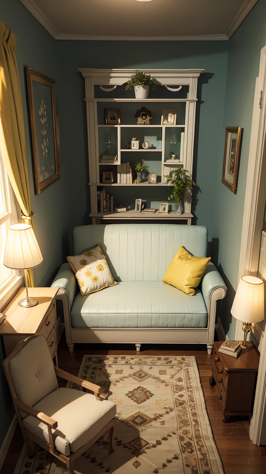 insanely detailed dollhouse, cozy bedroom, cute 3d render, attractive lights and shadows, white and yellow cushions, architecture, furniture, indoors, building, living room, room, rug, plants, home decoration, sofa, chair, interior design  