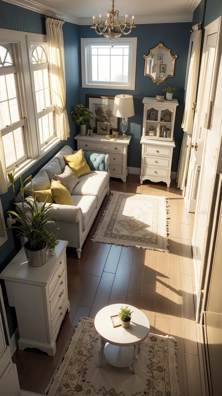 insanely detailed dollhouse, cozy bedroom, cute 3d render, attractive lights and shadows, white and yellow cushions, architecture, furniture, indoors, building, living room, room, rug, plants, home decoration, sofa, chair, interior design