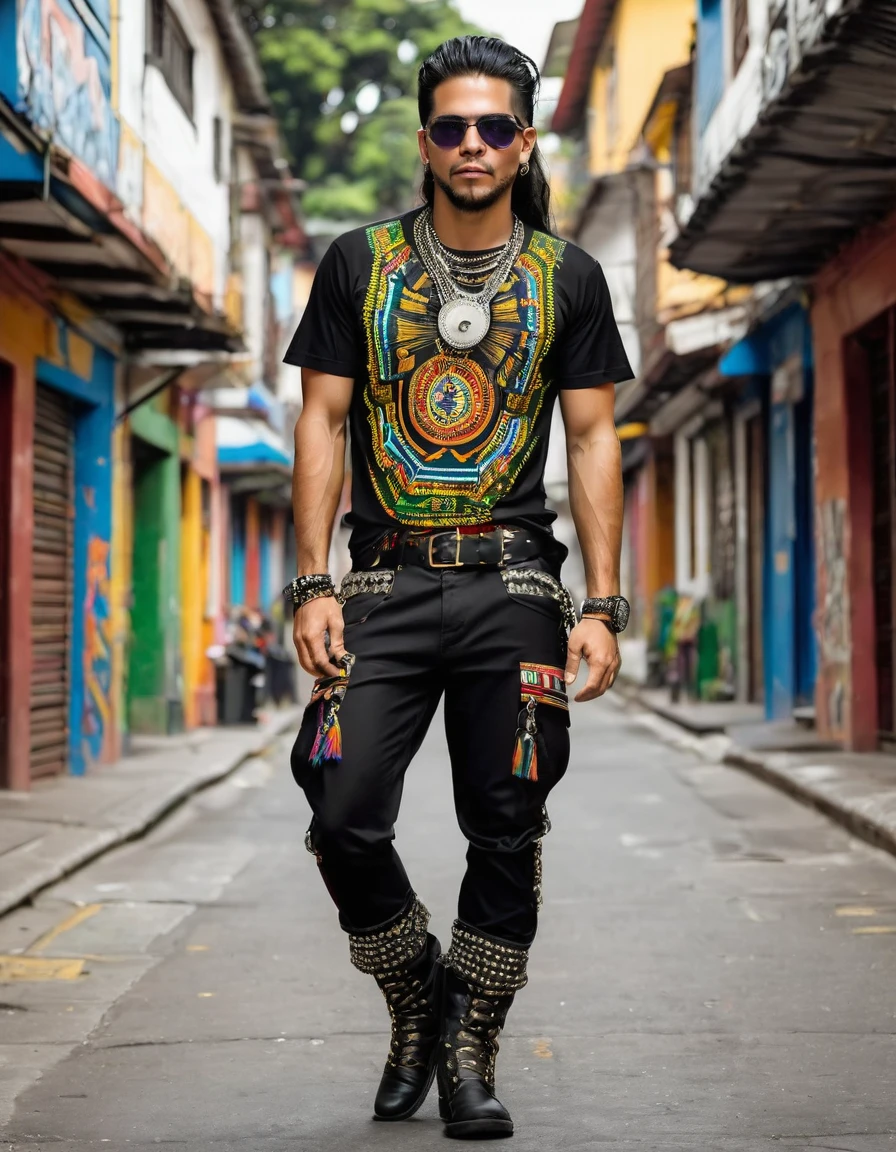 Rocker man with t-shirt with prints of Colombian indigenous designs, like the muiscas.
Black military pants, with rear chains with Colombian indigenous designs, buckles and studs.
Military boots or black tennis shoes 