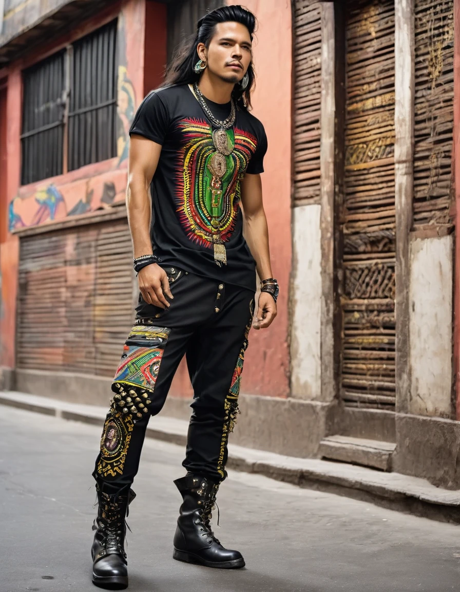 Rocker man with t-shirt with prints of Colombian indigenous designs, like the muiscas.
Black military pants, with rear chains with Colombian indigenous designs, buckles and studs.
Military boots or black tennis shoes