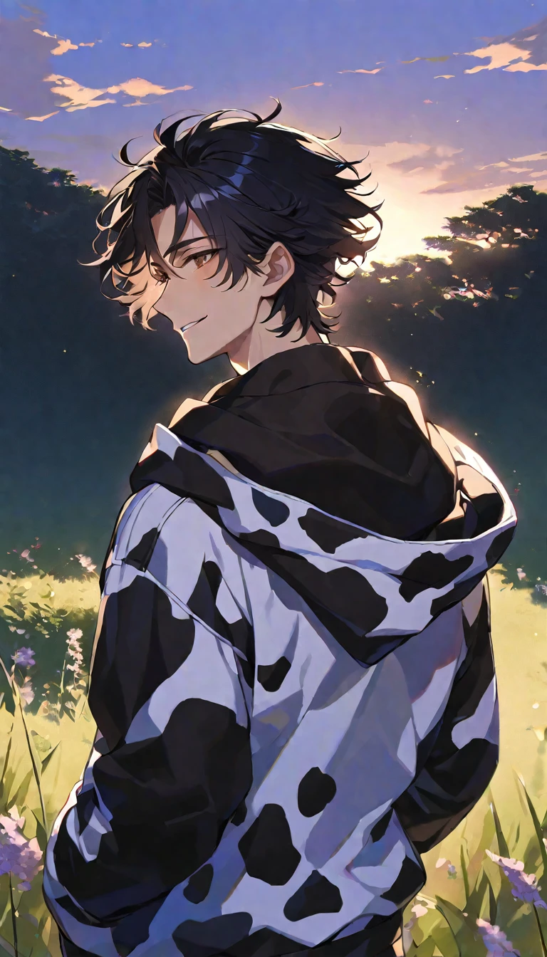 Solo,handsome,
1. male,
bangs,straight hair,Bob Hair,the back of one's neck,
black hair,
Gojo Satoru ,
brown Eyes,Soft look,
beautiful,sexly,Darkness,smile,
cow-patterned clothes, Full Zip Hoodie,beer,
morning sun,simple background ,
meadow background,