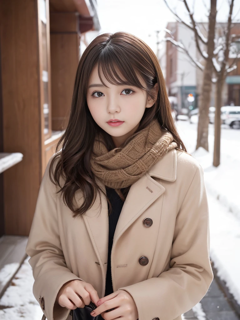 (best image quality、8K、masterpiece:1.3))、Realistic high quality photos、highest quality、cute girl~well-groomed face、25 year old beautiful Japan woman、Slim model photos、big breastodel、若いjapanese girl、young and cute face、japanese girl、25 year old female model、Beautiful model girl、The innocent look of the girl next door、nice delicate face、brown hair、beautiful brown eyes、tear bag、drooling eyes、young body、coat, scarf, gloves, winter