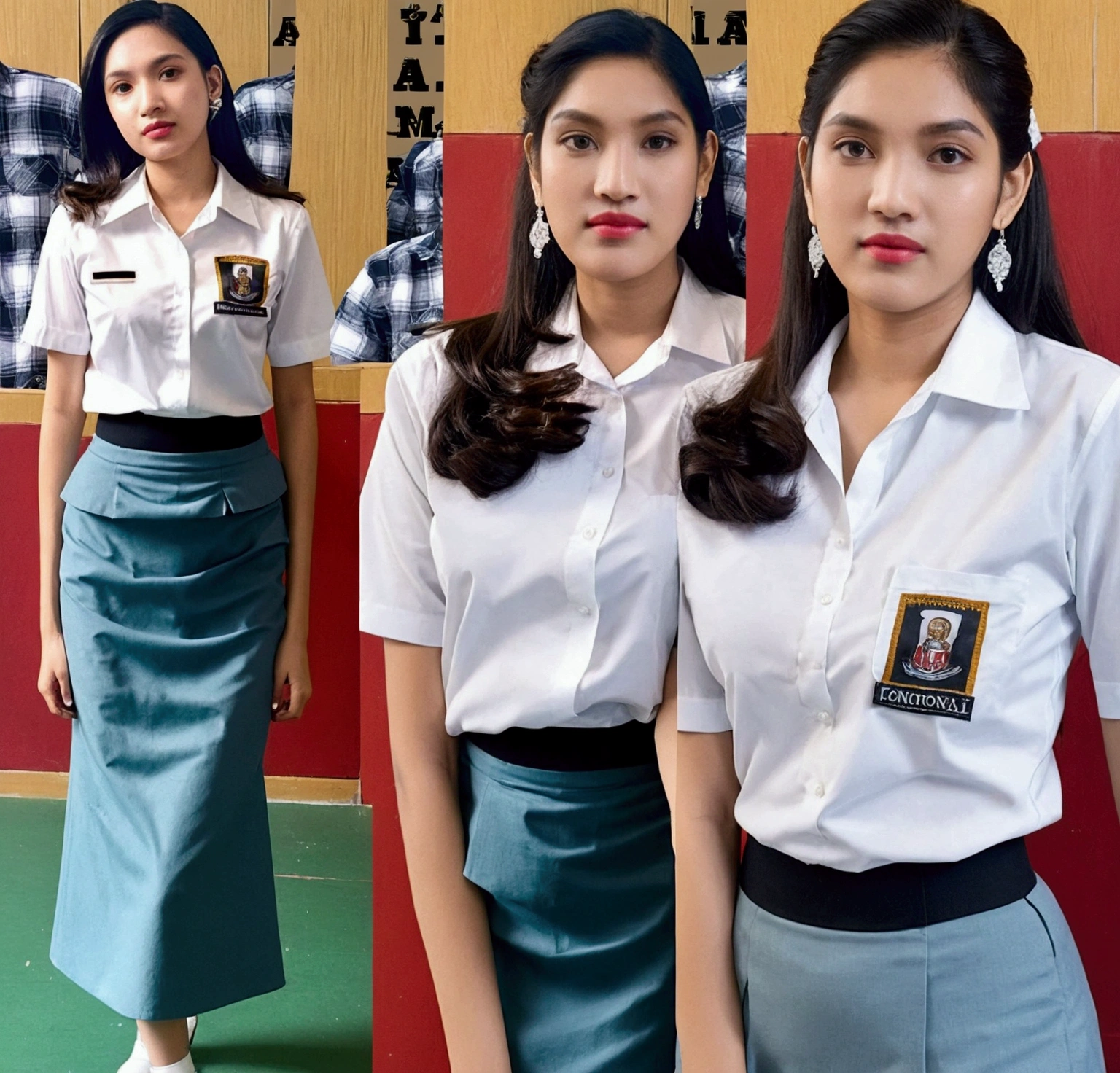 Beautiful woman with a serious & ruddy face, 18 years old, with an Indonesian high school student council uniform (white and gray, the clothes are super tight fitting on the body & the skirt is long) long black wavy hair.  Standing posing in front of the class & also sitting in class (2 photos)!