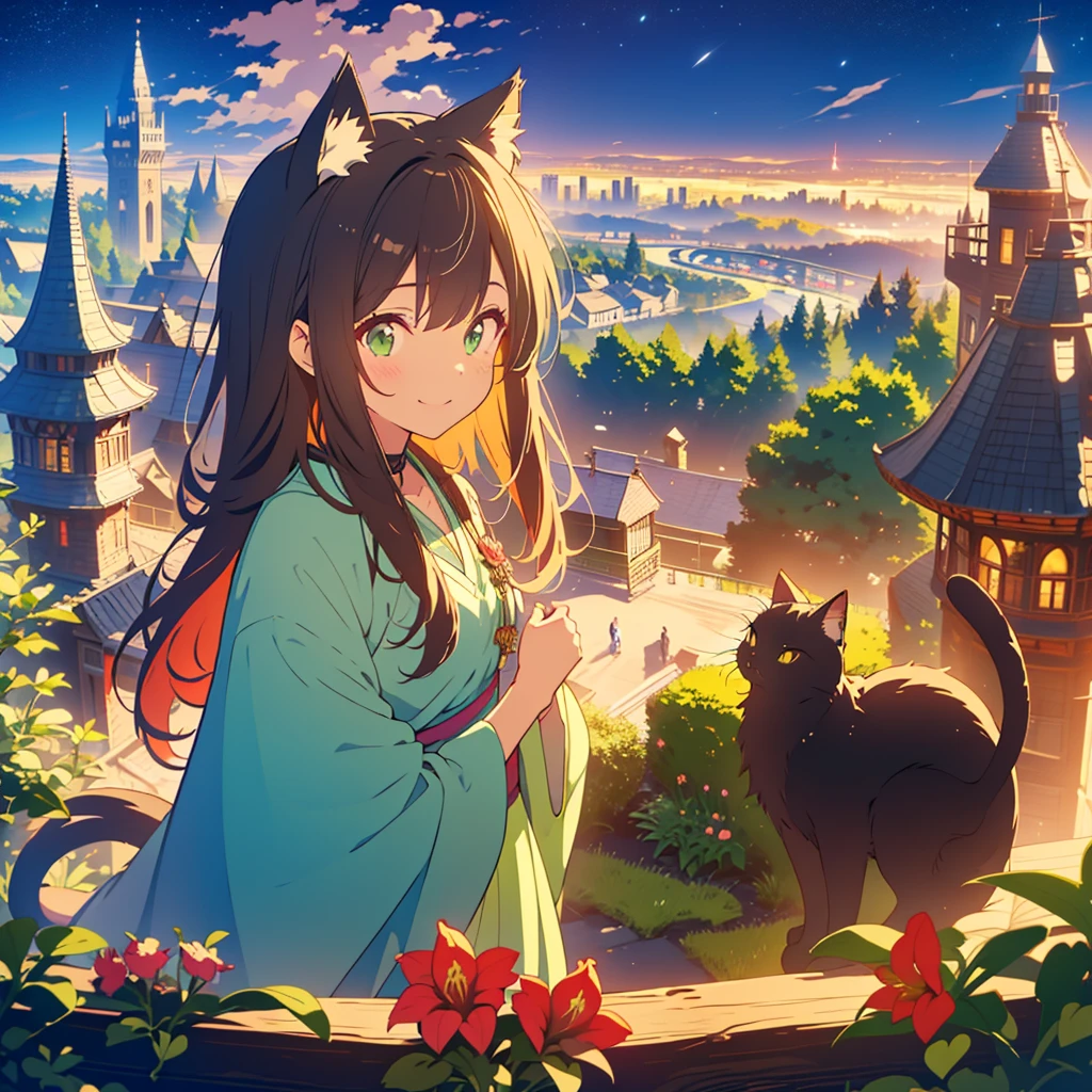 kawaii, anime, Cute, hyper quality, highly detailed, 8k, Front facing, Clarity, brown long hair, green eyes, smile, whole body, Cat ear, amaryllis, Amaryllis grows in clumps, top of the hill, A black cat near the girl, Cat ears stick out from the witch's hat, witch's robe, fantasy, fog effect, particles of light, night, hill overlooking the town, bird's eye view, flower blooming hill, colorful amaryllis, Cityscape lit with lights, starry sky, clock tower, magic tools, You can see the cityscape in the distance, night view, 	