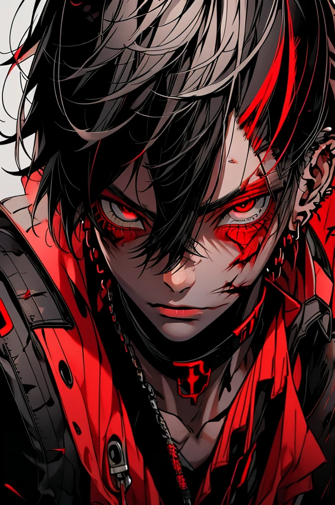 Innovative male Vtuber full body, Gray Hair, small white eyebrows, Brown Skin, Red pupils, Pathological look, Landmine makeup, Dark circles under the eyes, Droopy eyes, Cyberpunk-inspired costumes.