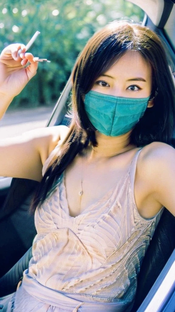 Japanese Passenger seat of a car My boyfriend is taking the photo Lace bra Big Breasts Disposable masks 10th Generation Car date