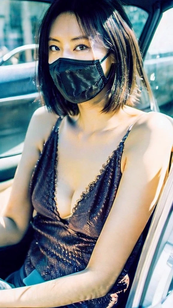 Japanese Passenger seat of a car My boyfriend is taking the photo Lace bra Big Breasts Disposable masks 10th Generation Car date