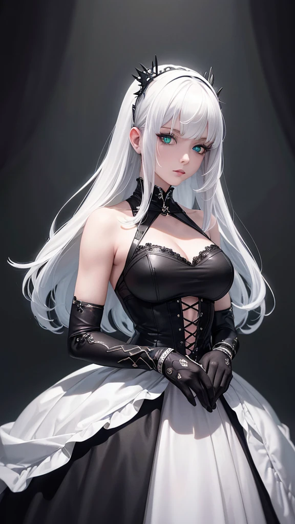 girl with white hair,with bangs, black gloves, green eyes,gothic,4K, masterpiece, perfect body, stem,perfect eyes, perfect shading, perfect lighting, best quality, work of art, ultra detailed, detailed clothing