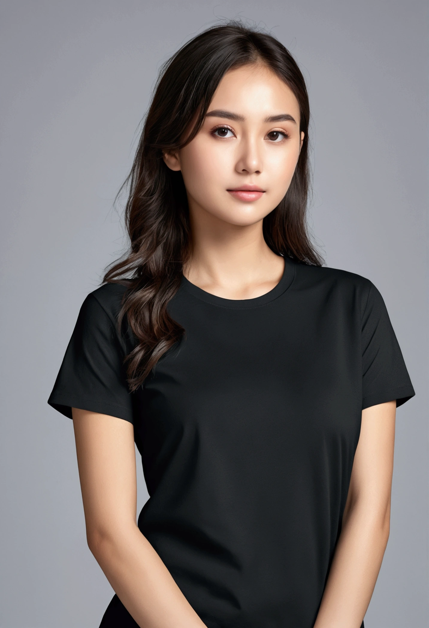 (8k, RAW photos, top quality, masterpiece: 1.2), ultra detail, super resolution, (real, real photos: 1.37), plain black t-shirt
