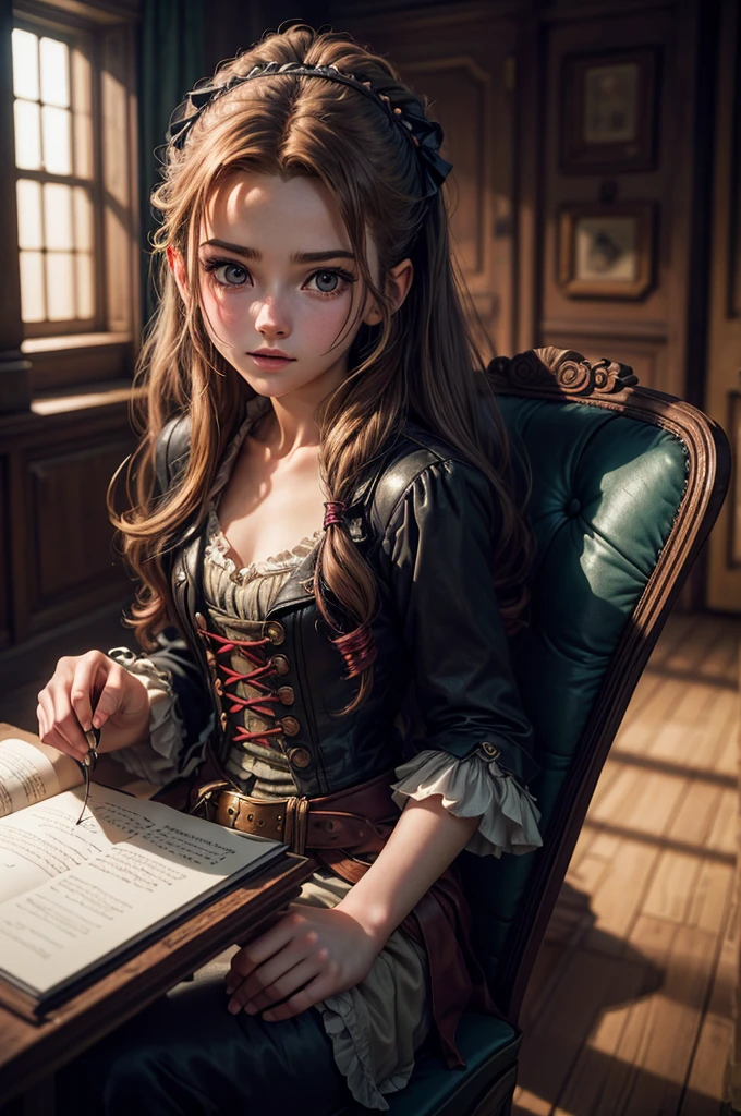 (photography of a 20 year old Aerith Gainsborough), (no close-up), highly detailed face, (smile:0.7) (background inside dark, moody, private study:1.3), steampunk pirate's airship, nikon d850, film stock photography, for kodak portra 400 ,camera f1.6 lens, bokeh, analog style, rich colors, hyper realistic, lifelike texture, dramatic lighting, cinestill 800, messy hair, serious, (freckles:0.4), pale skin, cute sexy