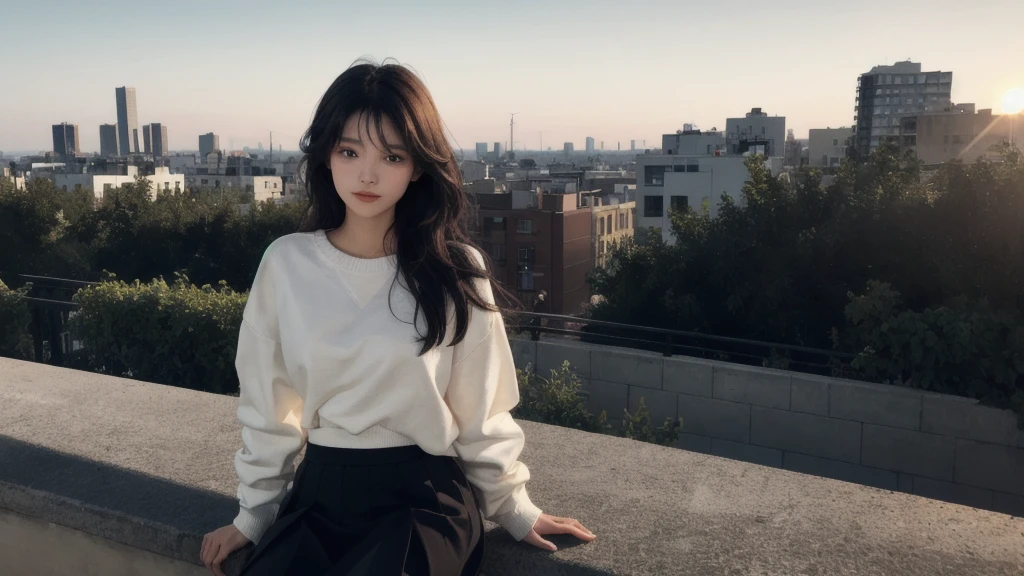The painting is a masterpiece of art, with a level of quality that is unparalleled. It is a work of absurdity, yet it is executed with meticulous attention to detail in the background. The artist has created a scene that invites the viewer to engage with the central figure.

The character is depicted in the open air, sitting in a cityscape during a sunset. Their upper body is exposed, revealing a sense of vulnerability and intimacy. The figure's small breasts are delicately rendered, their skin glistening with a sheen that adds to the overall sense of vitality. The skin tone is pale, creating a contrast with the vibrant hues of the sunset.

Their hair is long and wavy, framing their face in a natural manner. The bangs add a touch of femininity, while the black hair is lustrous and healthy. The figure is bare-legged, wearing a sweatshirt that contrasts with the skirt they are wearing. A slight smile plays on their lips, adding a touch of mystery and allure.
