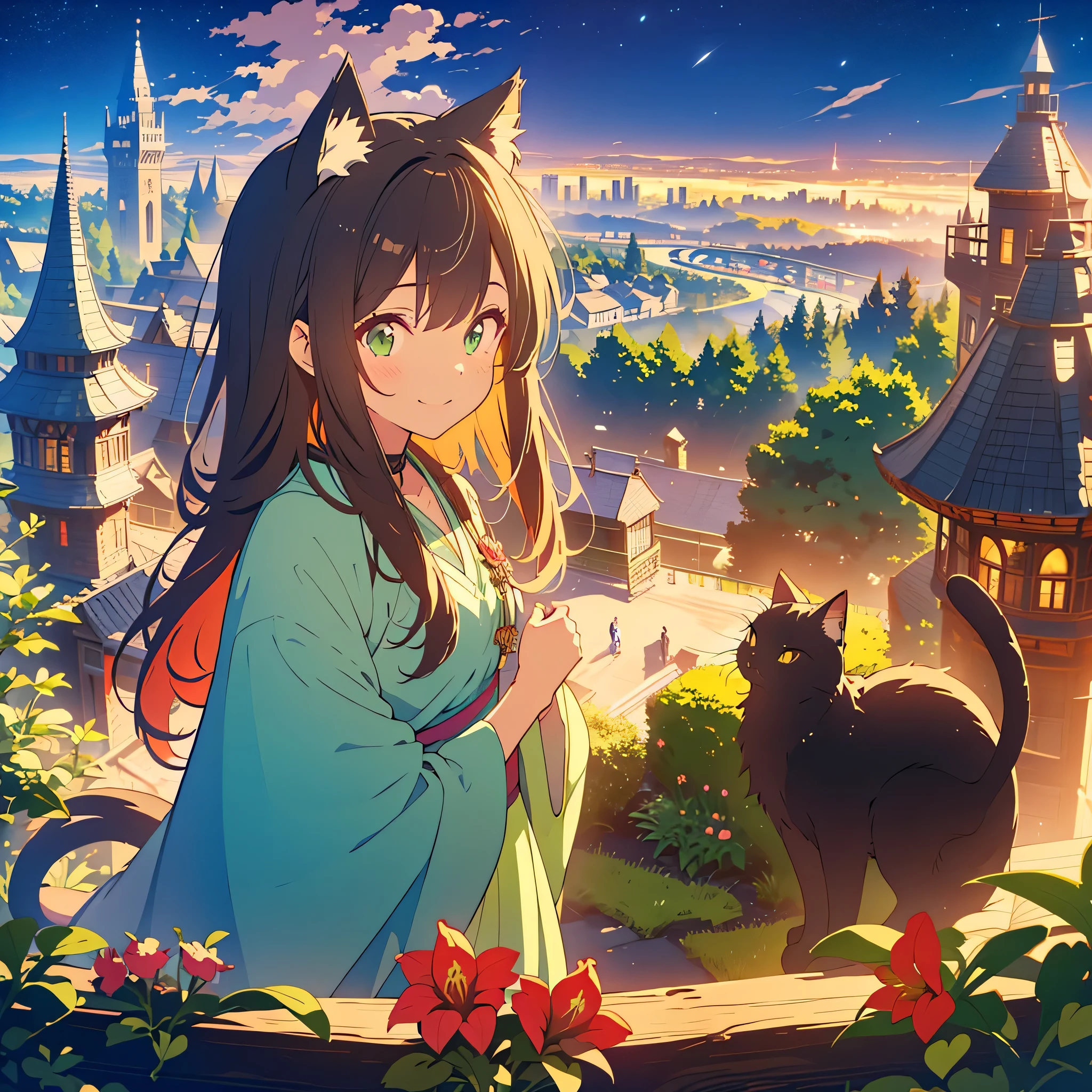 kawaii, anime, Cute, hyper quality, highly detailed, 8k, Front facing, Clarity, brown long hair, green eyes, smile, whole body, Cat ear, amaryllis, Amaryllis grows in clumps, top of the hill, A black cat near the girl, Cat ears stick out from the witch's hat, witch's robe, fantasy, fog effect, particles of light, night, hill overlooking the town, bird's eye view, flower blooming hill, colorful amaryllis, Cityscape lit with lights, starry sky, clock tower, magic tools, You can see the cityscape in the distance, night view, 	