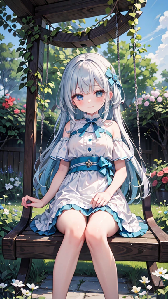 Create an image of a bashful girl with silver hair and cyan eyes, looking down with a nervous smile. Her hair is medium length, slightly wavy, and she wears a simple yet elegant dress with a blue sash. She is sitting on a swing in a lush, sunlit garden, surrounded by blooming flowers and greenery. The camera angle is slightly above, capturing her gentle expression and the vibrant garden. Ensure the image is a masterpiece with the best quality, very detailed, and very delicate.nsfw