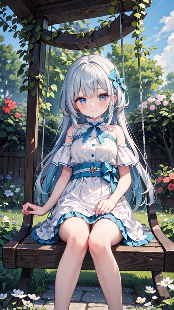 Create an image of a bashful girl with silver hair and cyan eyes, looking down with a nervous smile. Her hair is medium length, slightly wavy, and she wears a simple yet elegant dress with a blue sash. She is sitting on a swing in a lush, sunlit garden, surrounded by blooming flowers and greenery. The camera angle is slightly above, capturing her gentle expression and the vibrant garden. Ensure the image is a masterpiece with the best quality, very detailed, and very delicate.nsfw
