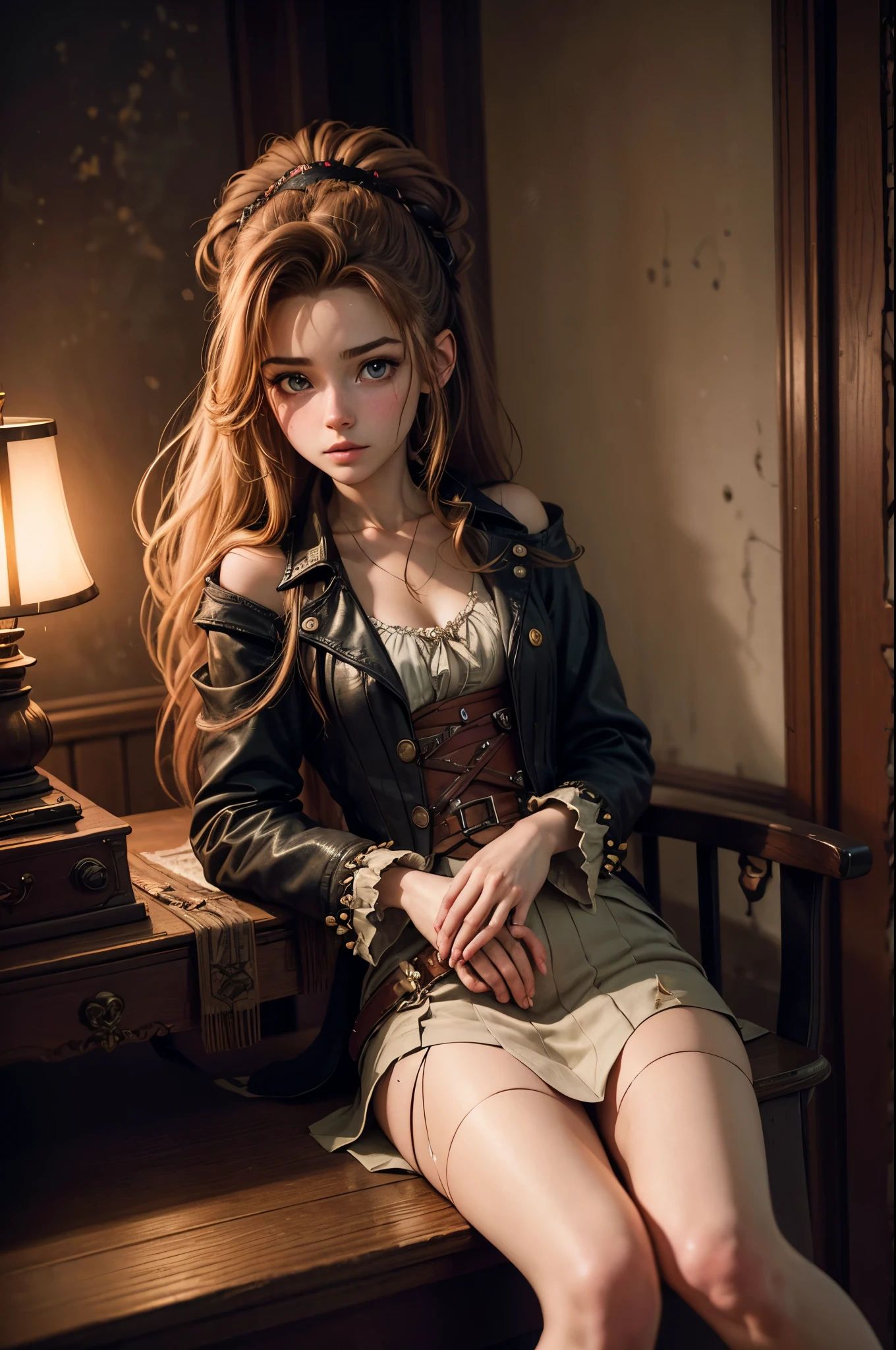 (photography of a 20 year old Aerith Gainsborough), (no close-up), highly detailed face, (smile:0.7) (background inside dark, moody, private study:1.3), steampunk pirate's airship, nikon d850, film stock photography, for kodak portra 400 ,camera f1.6 lens, bokeh, analog style, rich colors, hyper realistic, lifelike texture, dramatic lighting, cinestill 800, messy hair, serious, (freckles:0.4), pale skin, cute sexy