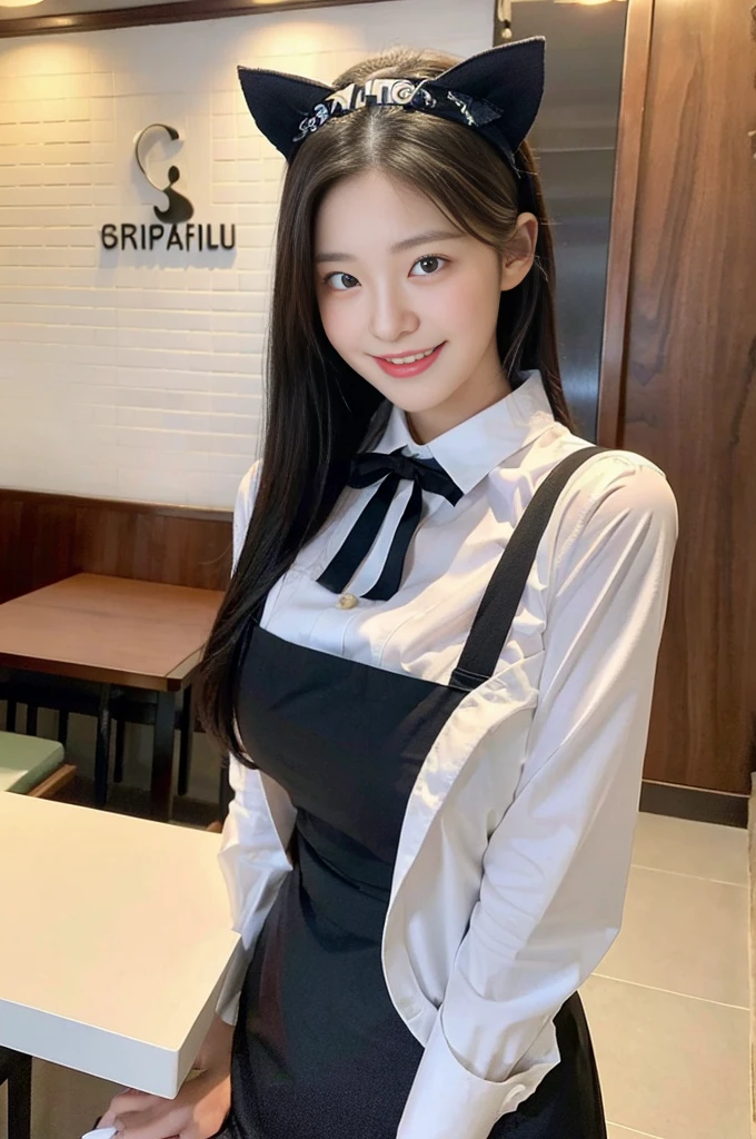 (Super cute Korean high school girl waitress photo:1.2)(grin,Smile)(Beautiful Sweat:1.1)(16K, RAW Photos, Highest quality, masterpiece: 1.2),(Beautiful black hair in a bun) Super detailed, Super Resolution, (Genuine, Genuine photos: 1.37), Portraiture, High-resolution RAW color photos, Professional photos, Very detailed, 8k wallpaper, Very detailed CG Unity 8k wallpaper, Very detailed beautiful girls, Very detailed faces, ((whole body)), beautiful woman, Huge breasts,(huge boobs:1.1) (Big Boobs:1.1), Beauty college student (Naked Apron:1.1),high school girl, Korean Girls,(K-POP Female Idols), (Idol-class beauty)(Beautiful high school girl:1.1)(A lovely restaurant with a huge cake decorated with cat illustrations)(18-year-old)(Waitress costumes:1.1)(Cat Cosplay:1.1)(Animal ears:1.0)(NSFW)Cat headband,from side