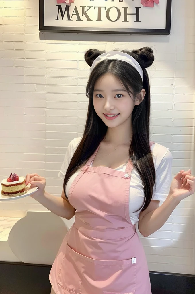 (Super cute Korean high school girl waitress photo:1.2)(grin,Smile)(Beautiful Sweat:1.1)(16K, RAW Photos, Highest quality, masterpiece: 1.2),(Beautiful black hair in a bun) Super detailed, Super Resolution, (Genuine, Genuine photos: 1.37), Portraiture, High-resolution RAW color photos, Professional photos, Very detailed, 8k wallpaper, Very detailed CG Unity 8k wallpaper, Very detailed beautiful girls, Very detailed faces, ((whole body)), beautiful woman, Huge breasts,(huge boobs:1.1) (Big Boobs:1.1), Beauty college student (Naked Apron:1.1),high school girl, Korean Girls,(K-POP Female Idols), (Idol-class beauty)(Beautiful high school girl:1.1)(A lovely restaurant with a huge cake decorated with cat illustrations)(18-year-old)(Waitress costumes:1.1)(Cat Cosplay:1.1)(Animal ears:1.0)(NSFW)Cat headband,from side