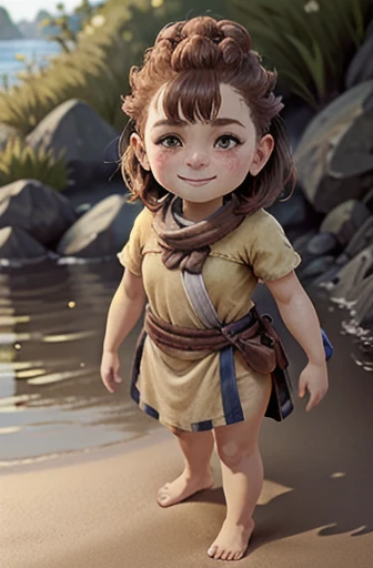 A very young girl with short brown hair and brown eyes and many freckles and flat nose and and a round face, heavy physique, smiling happily, standing on the beach without shoes, in a chibi/deformed style, highly detailed, 4K, photorealistic, masterpiece, vibrant colors, natural lighting, cinematic composition