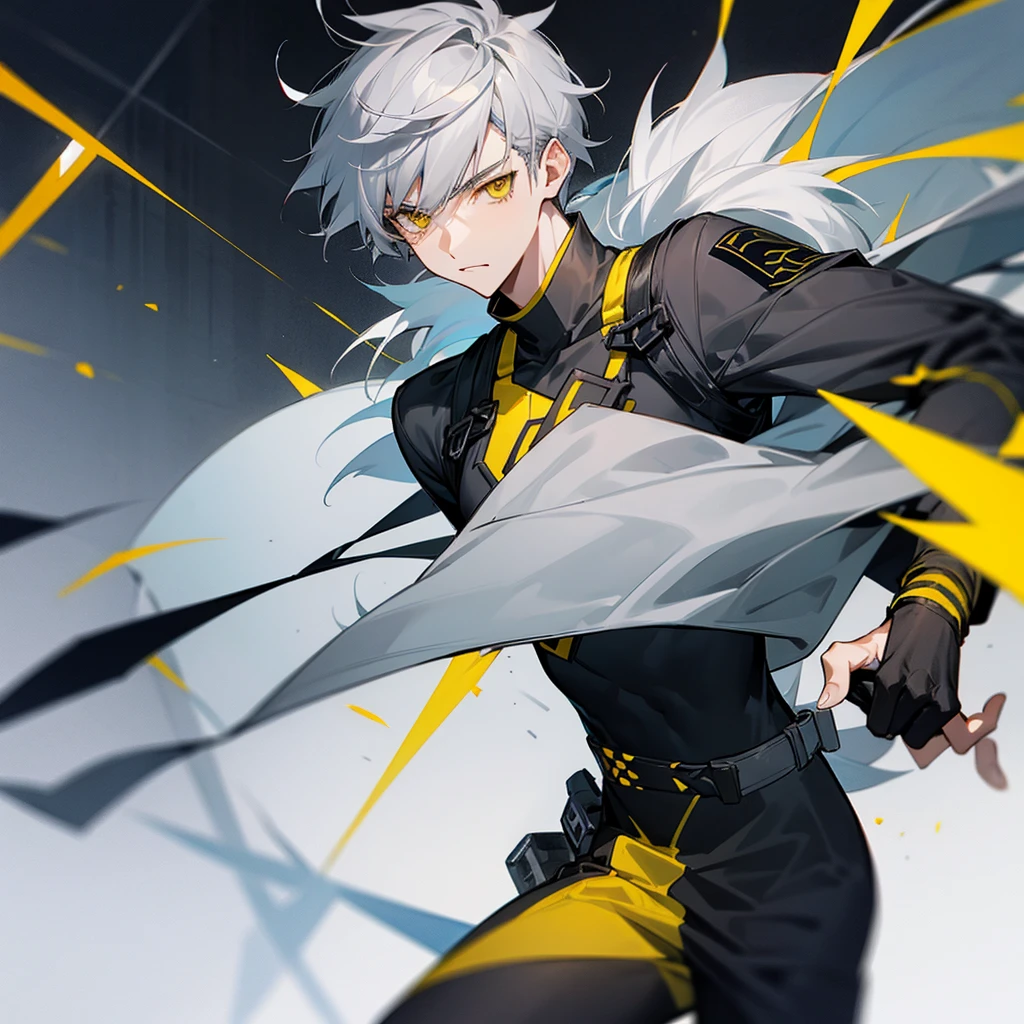 Teenage male character with gray hair and yellow eyes and black clothes 