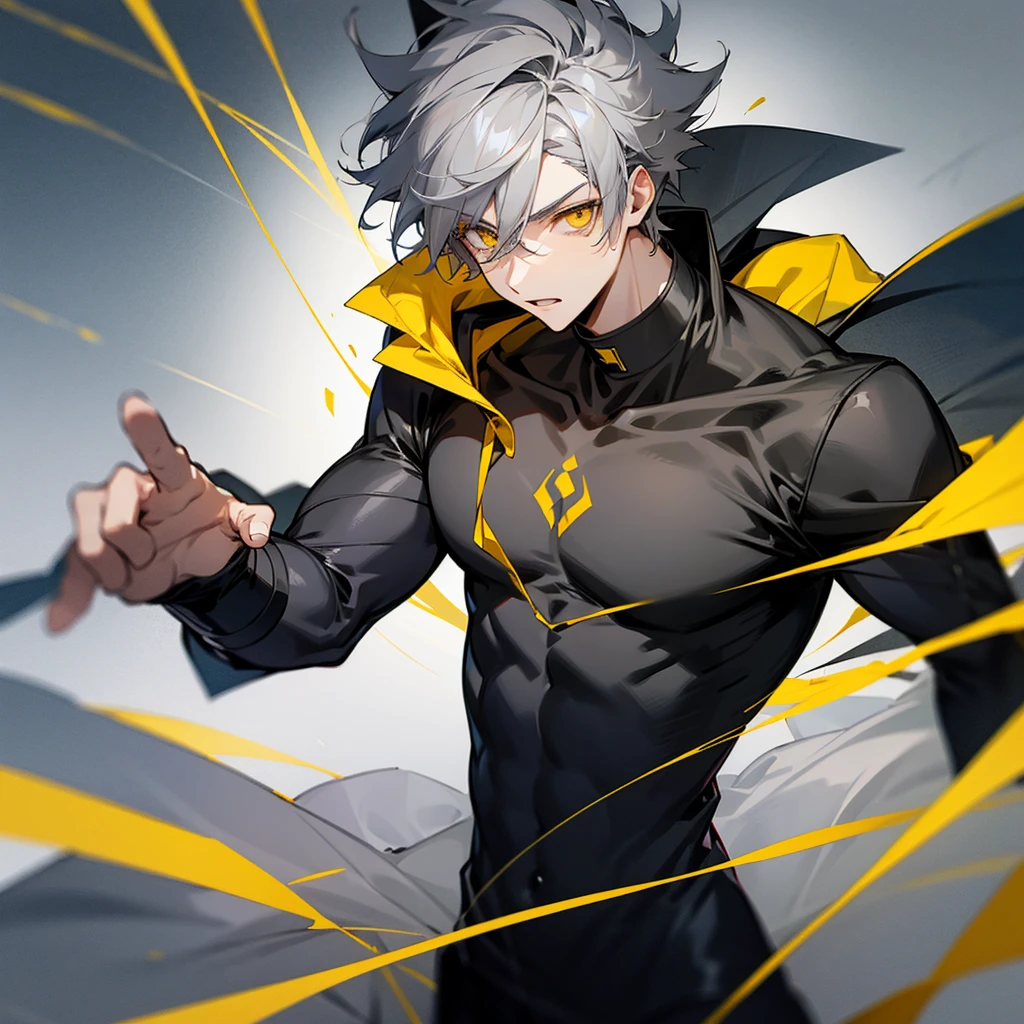Teenage male character with gray hair and yellow eyes and black clothes 