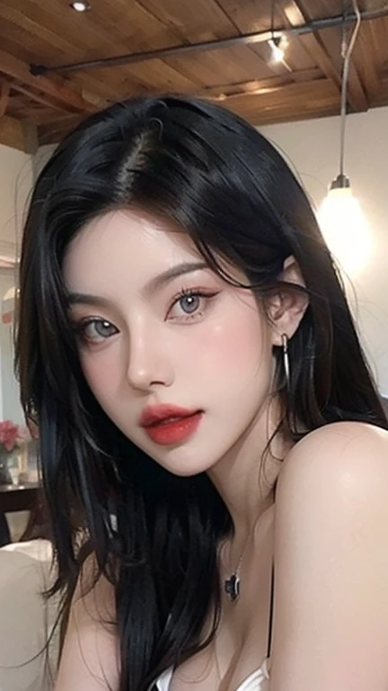 Beautiful (1 girl:1.3), Alone, (very detailed) full body masterpiece, Ultra realistic, 16K, nightmare atmosphere, gothic, r3b3cc4 young, Sensual (Erotic), 1 girl (cute young) alone, delicate (seductive) female face, realistic black hair, hair fringe, looking at viewer, goth makeup, simple unfocused background, bedroom background, jewelry, earrings, necklace, young beauty, portrait, hoop earrings, realistic, soft lighting, muscular female body, realistic hot body , photorealistic, detailed clear eyes, extremely erotic, delicate feminine, muscular female body, pale skin, very white skin, lightened oily skin,  large natural breasts, belly hot, narrow waist, proportionally big hips, thick legs, beautiful, nude (porn), naked, different sex positions, raw, analog, sharp focus, 8K, high definition, high quality, Fujifilm XT3, Film grain, award winning, highly detailed skin artwork, realistic skin details, visible pores, clear focus, volumetric fog, 8k hd, dslr, high quality, Film grain, light skin, photographic realism , lomography