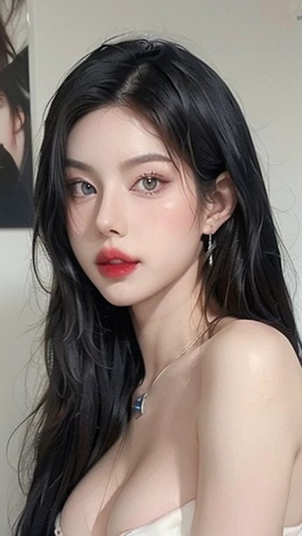 Beautiful (1 girl:1.3), Alone, (very detailed) full body masterpiece, Ultra realistic, 16K, nightmare atmosphere, gothic, r3b3cc4 young, Sensual (Erotic), 1 girl (cute young) alone, delicate (seductive) female face, realistic black hair, hair fringe, looking at viewer, goth makeup, simple unfocused background, bedroom background, jewelry, earrings, necklace, young beauty, portrait, hoop earrings, realistic, soft lighting, muscular female body, realistic hot body , photorealistic, detailed clear eyes, extremely erotic, delicate feminine, muscular female body, pale skin, very white skin, lightened oily skin,  large natural breasts, belly hot, narrow waist, proportionally big hips, thick legs, beautiful, nude (porn), naked, different sex positions, raw, analog, sharp focus, 8K, high definition, high quality, Fujifilm XT3, Film grain, award winning, highly detailed skin artwork, realistic skin details, visible pores, clear focus, volumetric fog, 8k hd, dslr, high quality, Film grain, light skin, photographic realism , lomography