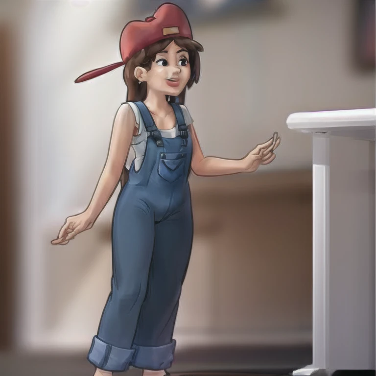 ((work of art, best qualityer)),(complex light), 1 girl ,standing alone, whole body, Lana Alto,   overalls,Red Hat, ssmile,